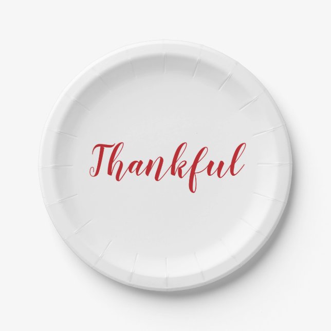 Thankful red and white script cute thanksgiving paper plates (Front)