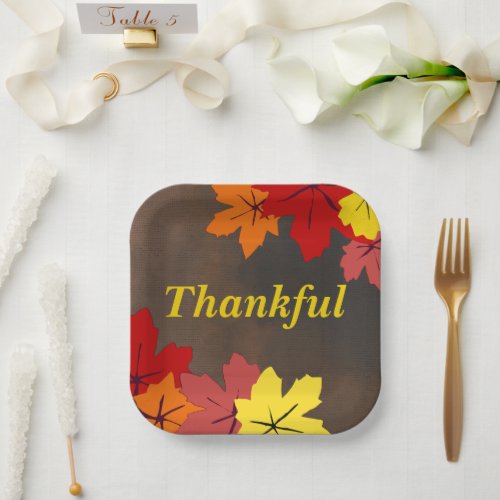 Thankful Red Orange Yellow Maple Tree Leaves Brown Paper Plates