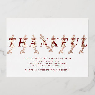 Thankful Rose Gold Fall Leaves Thanksgiving Dinner Foil Invitation