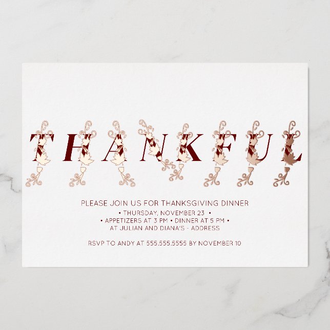 Thankful Rose Gold Fall Leaves Thanksgiving Dinner Foil Invitation (Front)