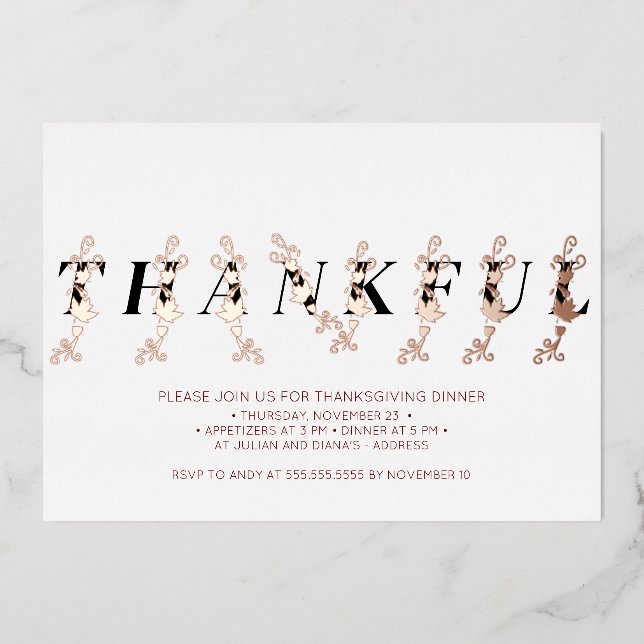 Thankful Rose Gold Fall Leaves Thanksgiving Dinner Foil Invitation (Front)