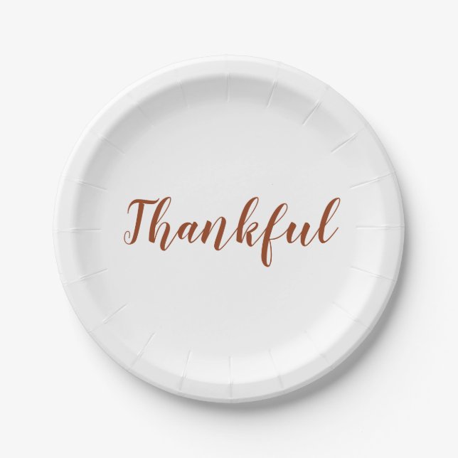 Thankful rust cinnamon white script thanksgiving paper plates (Front)