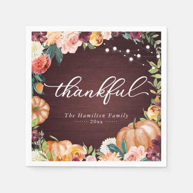 Thankful Rustic Fall Floral Thanksgiving Dinner Na Napkins (Front)