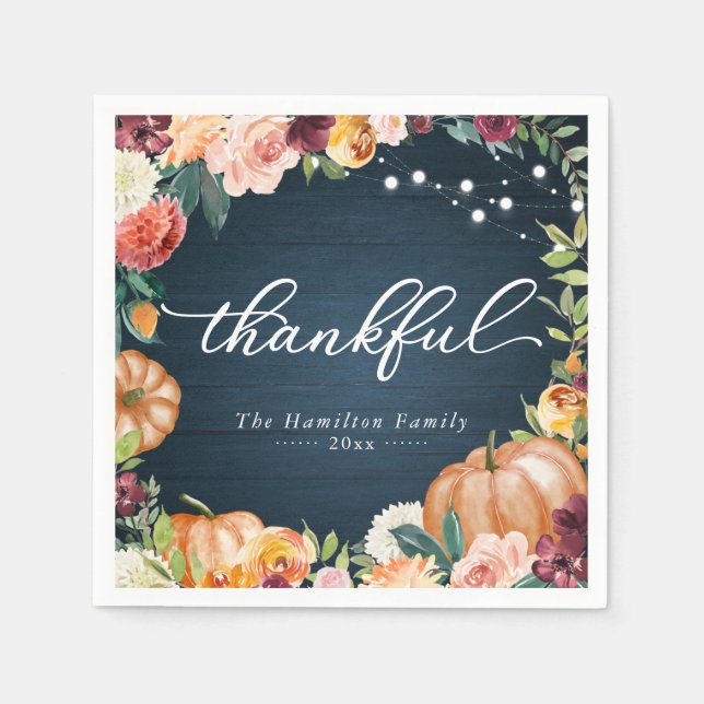 Thankful Rustic Fall Floral Thanksgiving Dinner Napkins (Front)