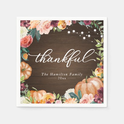 Thankful Rustic Fall Floral Thanksgiving Dinner Napkins