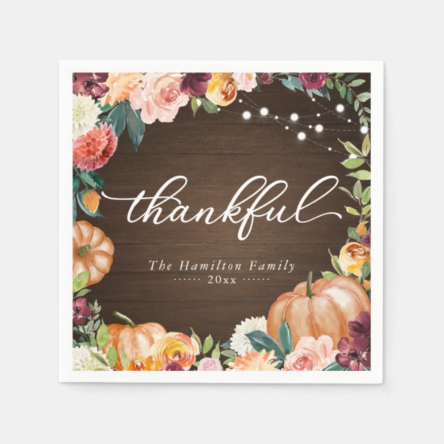 Thankful Rustic Fall Floral Thanksgiving Dinner Napkins (Front)