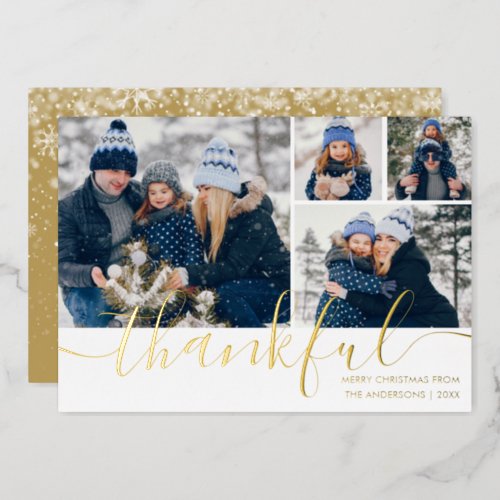 Thankful Script 4 Photo Christmas Gold Foil Holiday Card