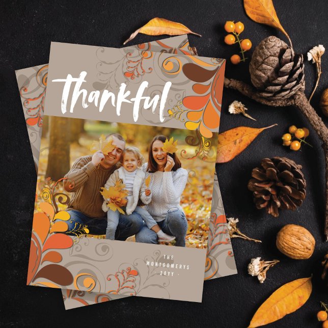 Thankful Script Art Deco Swirls Thanksgiving Photo Holiday Card (Creator Uploaded)