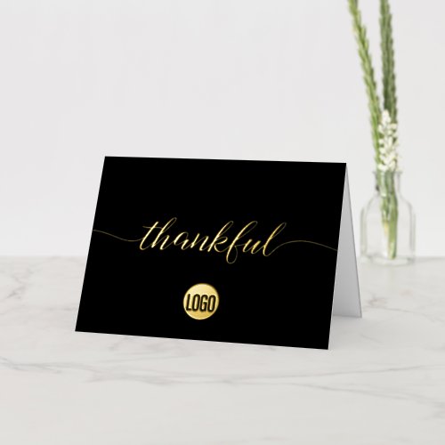 Thankful Script Custom Black Gold logo Business Foil Greeting Card