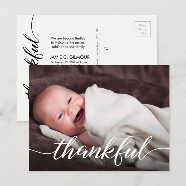 Thankful Script Custom Photo Baby Thank You Birth Announcement Postcard (Front/Back)