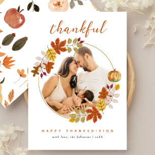 Thankful Script Fall Botanicals Photo Thanksgiving Holiday Card