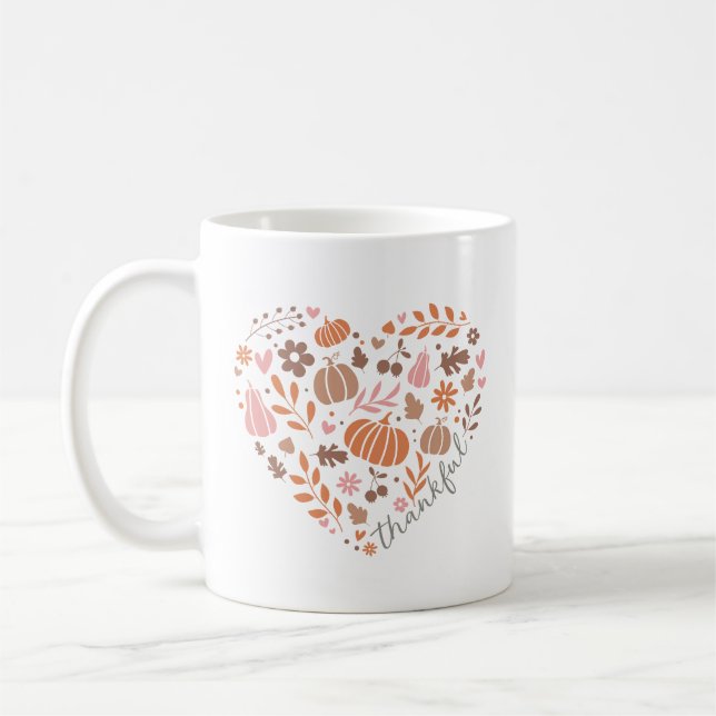 Thankful Script, Fall Floral and Pumpkin Heart Coffee Mug (Left)