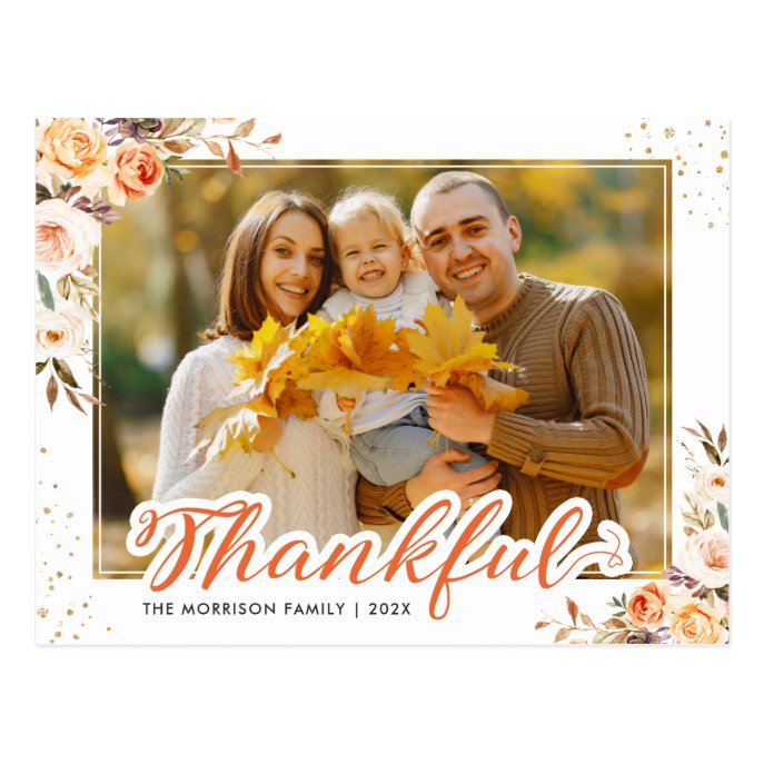 Thankful Script Fall Floral Thanksgiving Photo Postcard