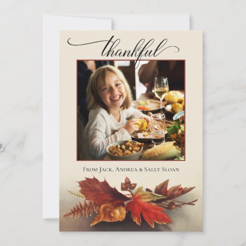 Thankful Script Fall Foliage Thanksgiving Photo Holiday Card