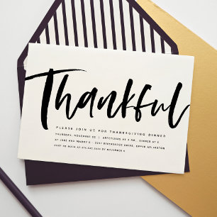 Thankful script modern black & white Thanksgiving Invitation