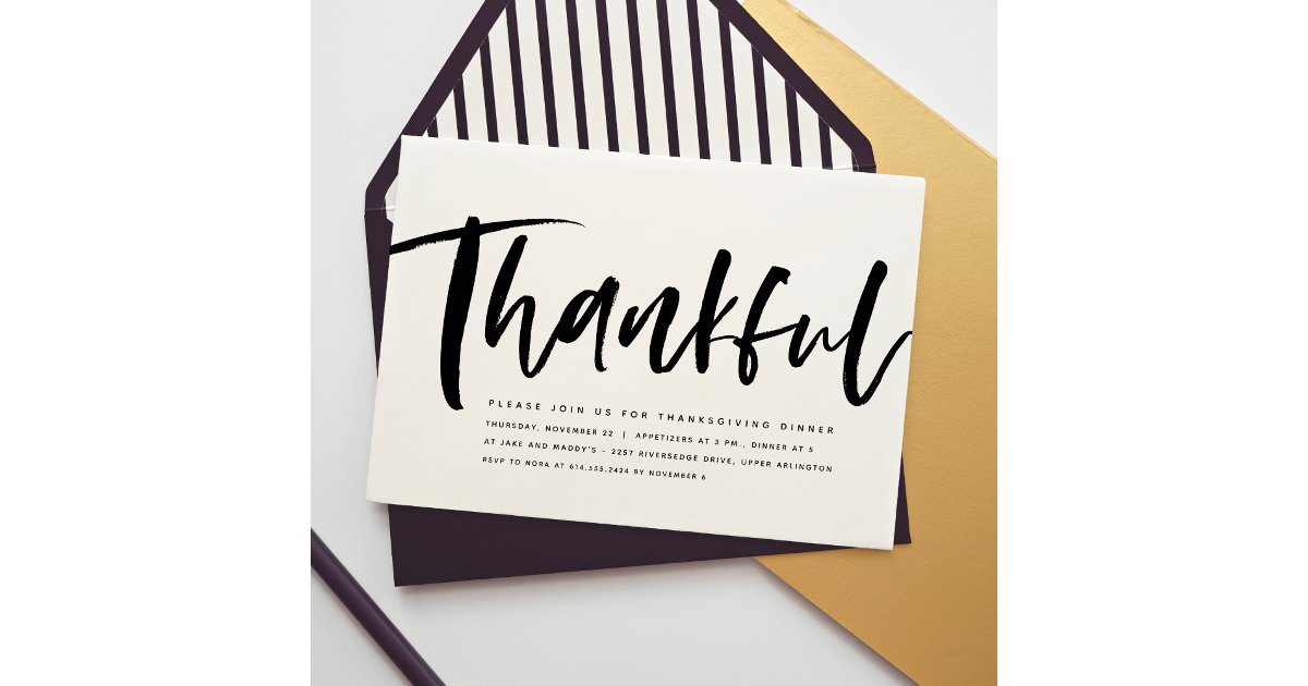 Thankful script modern black & white Thanksgiving Invitation | Zazzle