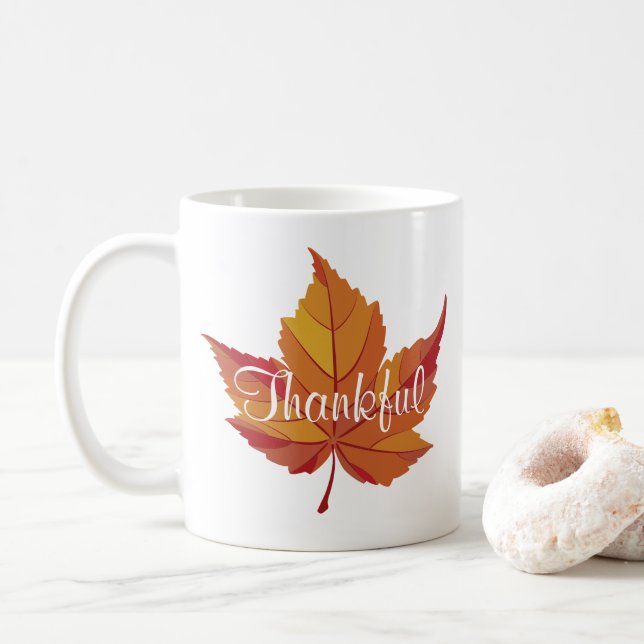 Thankful Script & Orange Fall Leaf Coffee Mug (With Donut)