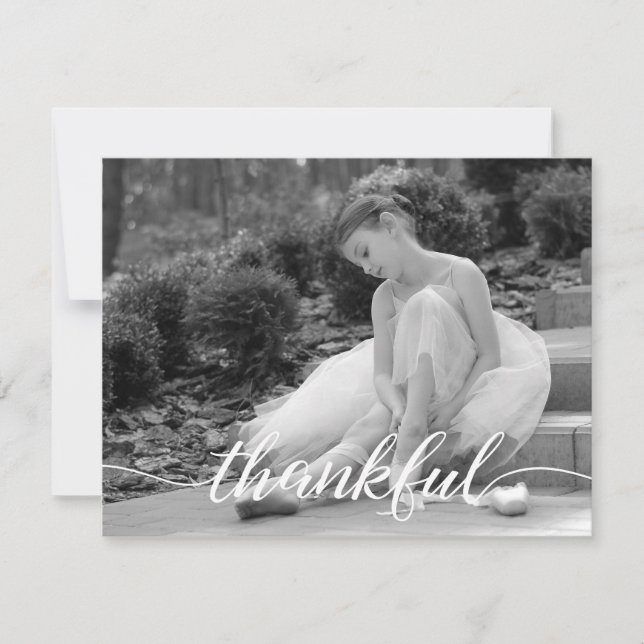 Thankful Script, Personalized Ballet black photo Thank You Card (Front)