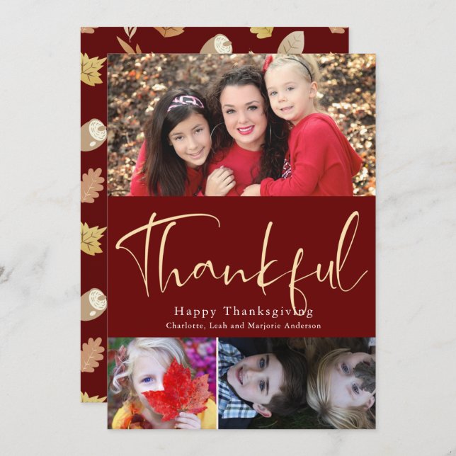 Thankful Script Thanksgiving 3 Photo Collage Card (Front/Back)
