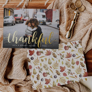 Thankful Script Thanksgiving Photo Foil Holiday Card