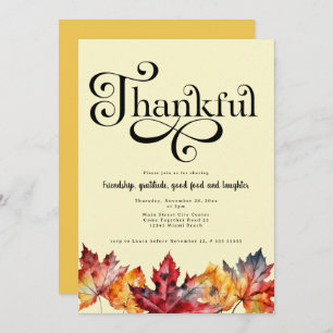 Thankful Script Watercolor leaves Yellow Mustard Invitation
