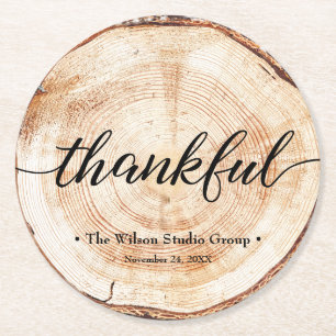 Thankful Script Wood Slice Rustic Corporate Round Paper Coaster