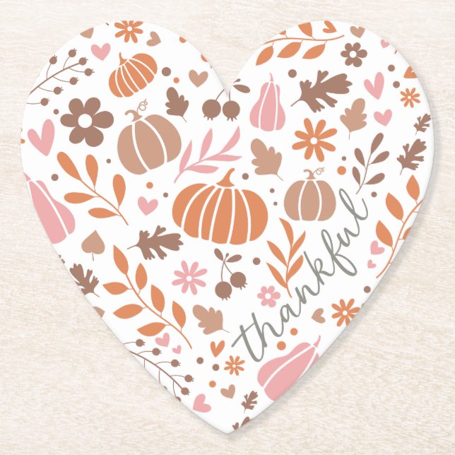 Thankful Seasonal Fall Heart Graphic Paper Coaster (Front)