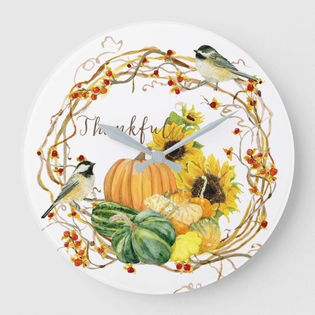 Thankful Sunflower Fall Pumpkin Floral Watercolor Large Clock (Front)