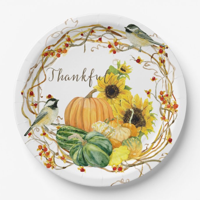 Thankful Sunflower Watercolor Floral Fall Pumpkin Paper Plate