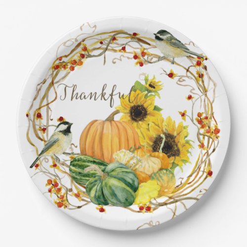 Thankful Sunflower Watercolor Floral Fall Pumpkin Paper Plates
