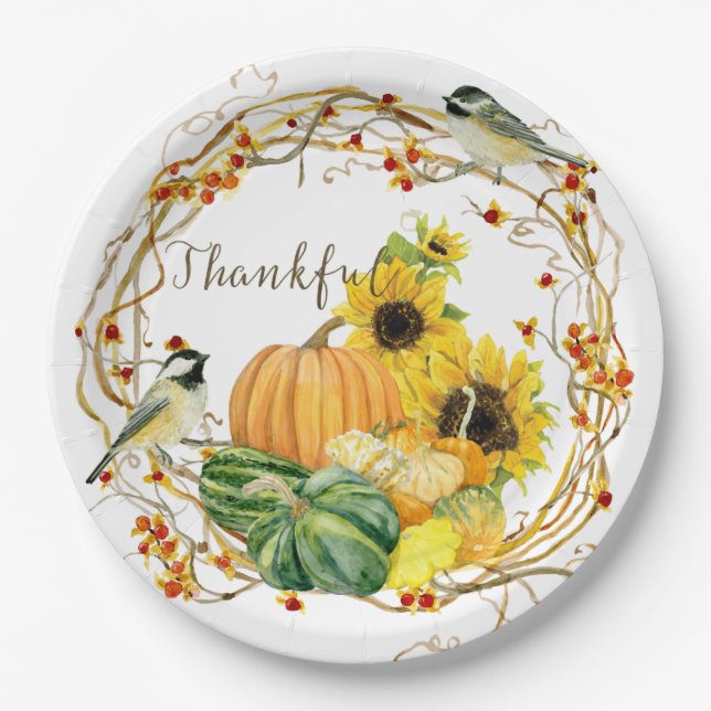 Thankful Sunflower Watercolor Floral Fall Pumpkin Paper Plates (Front)