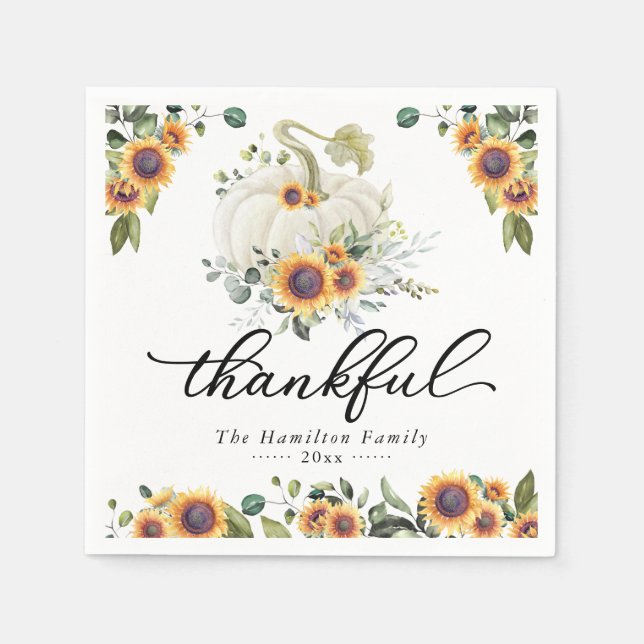 Thankful Sunflowers White Pumpkin Thanksgiving Napkins (Front)