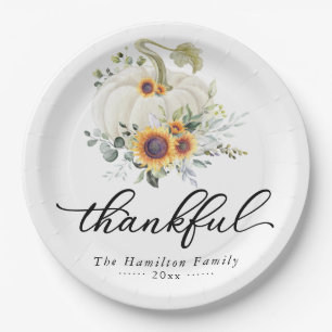Thankful Sunflowers White Pumpkin Thanksgiving Paper Plates