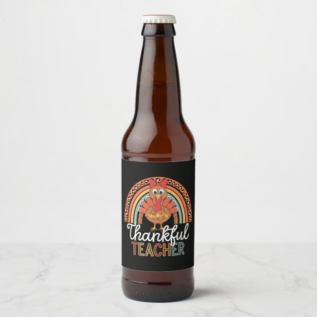 Thankful Teacher Blessed Thanksgiving School Beer Bottle Label (Front)