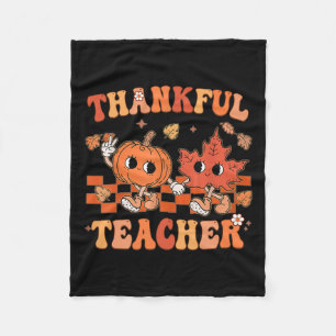 Thankful Teacher Retro Groovy Thanksgiving Fall Fleece Blanket