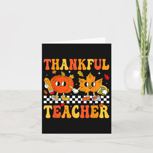 Thankful Teacher Retro Groovy Thanksgiving Fall Wo Card (Front)