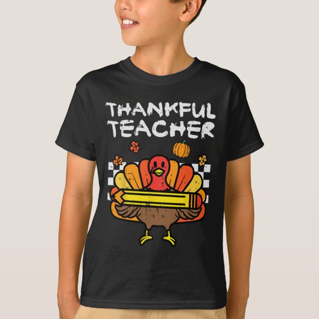 Thankful Teacher Thanksgiving Turkey Retro Fall Wo T-Shirt (Front)
