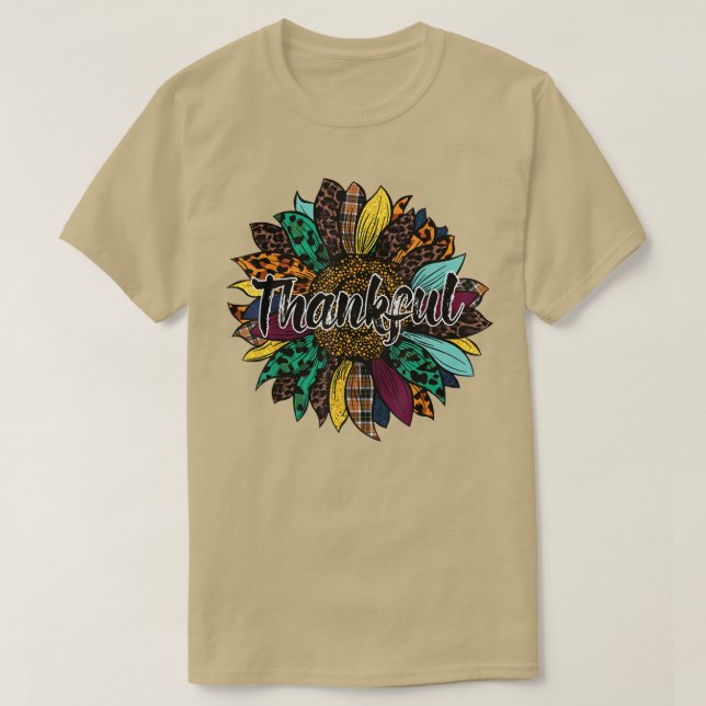 Thankful Thanksgiving Autumn Leopard Sunflower Pum T-Shirt (Design Front)