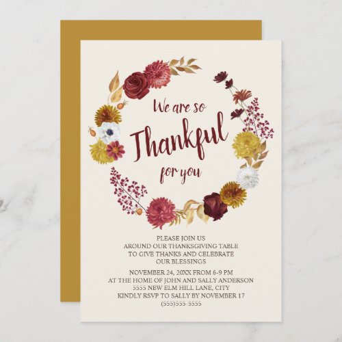 Thankful Thanksgiving Burgundy Gold Floral Invitation