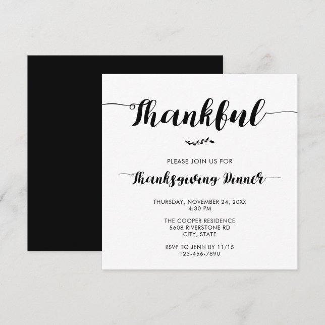 Thankful Thanksgiving Dinner Elegant Simple Script Invitation (Front/Back)