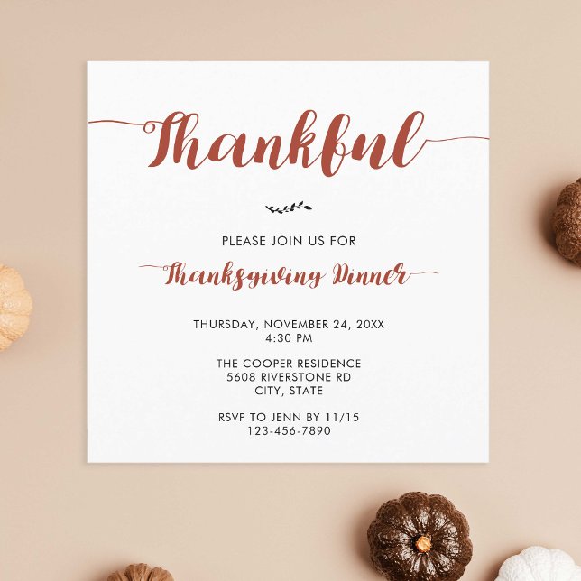 Thankful Thanksgiving Dinner Elegant Simple Script Invitation (Creator Uploaded)