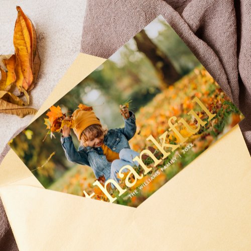 Thankful Thanksgiving Family Photo Foil Holiday Card