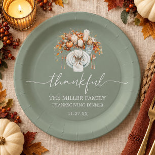 Thankful Thanksgiving Place Setting Sage Green Paper Plates