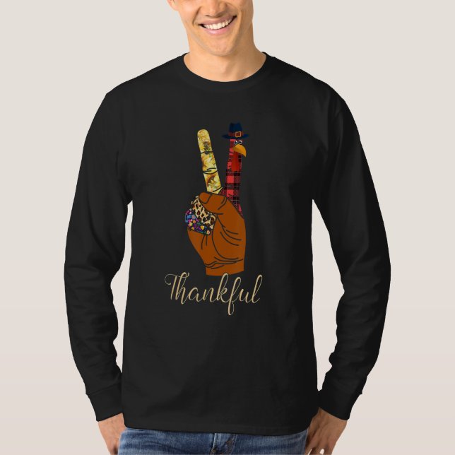 Thankful Thanksgiving Turkey Peace Hand Sign T-Shirt (Front)