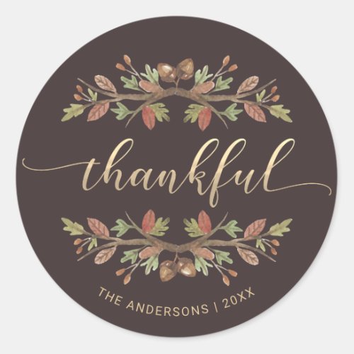 THANKFUL THANKSGIVING WATERCOLOR FALL FOLIAGE CLASSIC ROUND STICKER