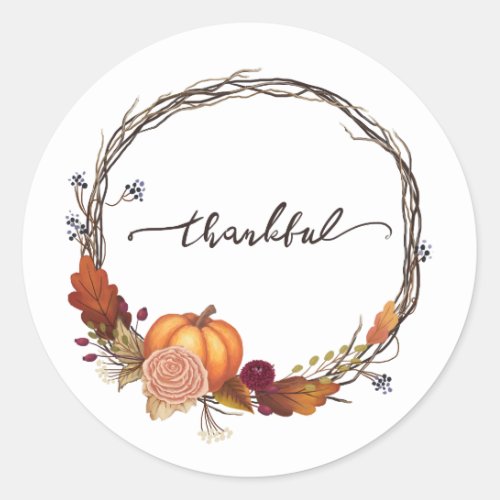 Thankful Thanksgiving Wreath Classic Round Sticker