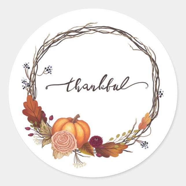 Thankful Thanksgiving Wreath Classic Round Sticker (Front)