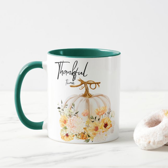 Thankful Time, Thanksgiving Pumpkin Mug (With Donut)