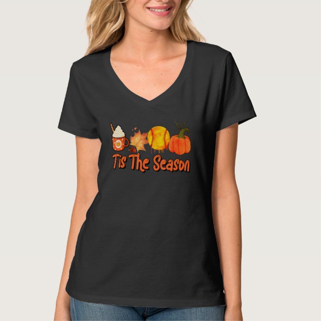 Thankful Tis The Season Softball Pumpkin Latte Cof T-Shirt (Front)