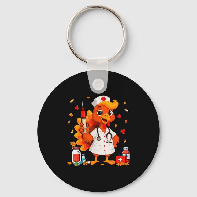 Thankful Turkey Funny Scrub Nurse Fall Thanksgivin Keychain (Front)